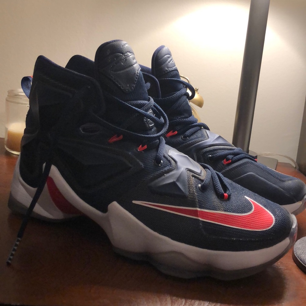 Red white and blue Lebrons